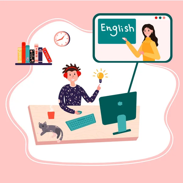 Educazione online, corso di inglese. Scuola a distanza. Lo studente sta imparando l'inglese a casa. L'allievo sta ascoltando l'insegnante. E-learning concetto di istruzione vettoriale. Il tutor spiega la nuova lezione. Corso digitale . — Vettoriale Stock