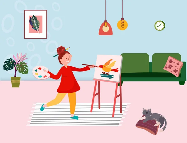 Kız odada bir resim çiziyor. Ressam evde bir fırça, palet ve resim tutuyor. Kız için etkinlik yeni bir resim yaratır. Çizgi film düz karakter çizimi