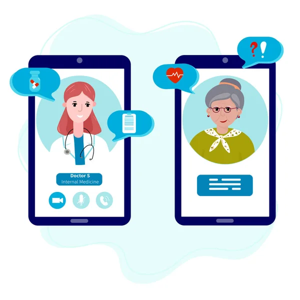 古い患者と医者はオンラインで会う シニアのためのオンラインヘルスケア 薬のための医師との携帯電話の任命の女性 障害者のためのテレメディシン — ストックベクタ