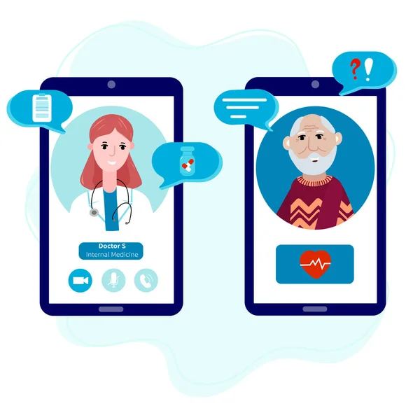Senior talking by mobile phone with a doctor online from home. Concept of telemedicine, medical treatment, consultation service during pandemic. Doctor with old patient meet online. — Stock Vector