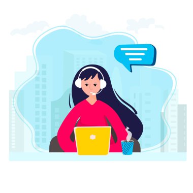 Merkez ofisten müşteri hizmetleri. Acil yardım hattında uzaktan çalışma. Kadın çağrı merkezinde çalışıyor. Kulaklıklı kız internette dil öğreniyor. Operatör kulaklık ve mikrofonlar için yardım masasında..