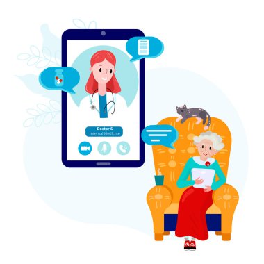 Yaşlı kadın evden bir doktorla konuşuyor. Doktor ve kıdemli hasta salgın sırasında internette tanışıyorlar. Sağlık hizmeti teletıp, danışmanlık hizmeti kavramı. Coronavirus sırasında evde kal..