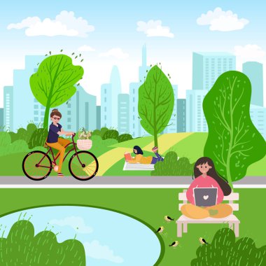 Freelancer parktaki bankta oturur ve dışarıda çalışır. Bir sepet çiçekle bisiklete binen bir kadın. Öğrenci çimlere uzanıp kitap okuyor. Kadın doğası gereği şehirli..
