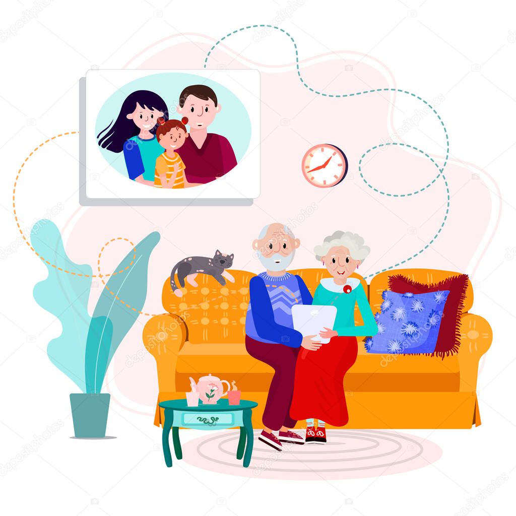 Elderly grandparents calling family using tablet. Happy husband, wife and kid have video conference with grandma and grandpa from home. Online dialogue parents and kids. Video call to old couple.