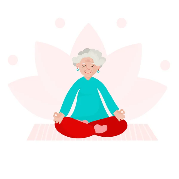 Wanita tua berlatih yoga. Nenek peduli tentang kesehatannya duduk di pose teratai dan rileks. Wanita senior bermeditasi. Konsep vektor kesadaran dengan usia perempuan. Para pensiunan aktif dalam piyama duduk di asana - Stok Vektor