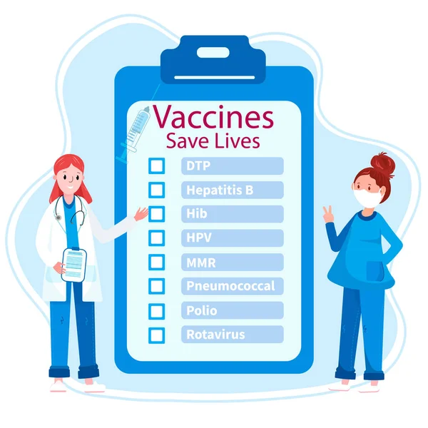 Ώρα για εμβολιασμό. Ελέγξτε τον κατάλογο με εμβόλια, όπως Polio, DTP, Ηπατίτιδα Β, HPV, MMR, HIB, κλπ. Ο γιατρός δείχνει ότι τα εμβόλια σώζουν ζωές. Νοσοκόμα με μάσκα προστασίας έτοιμη για ένεση. Έννοια φορέα υγειονομικής περίθαλψης — Διανυσματικό Αρχείο