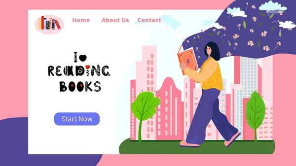 Şehirde elinde kitapla yürüyen bir kadın. İniş sayfasında kocaman bir kadın var. Kitap festivali afişinde edebiyat hayranı. Kitap fuarı için vektör web sayfası kavramı.