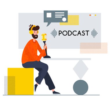 Blogcu soyut sandalyede oturuyor ve Podcast 'i kaydediyor. Canlı yayın. Mikrofon yayını yapan kulaklıklı bir adam. Vlogger vektör karakteri. Erkek Radyo sunucusu.
