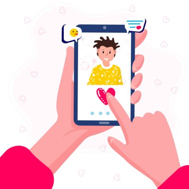 Online flört uygulamaları. Kadın telefonu elinde tutuyor. İnsan profili olan bir ekran. Kadın erkek arkadaşını arıyor. Uzun mesafe kavramı, sanal ilişki. Uzak romantik bir tanıdık..