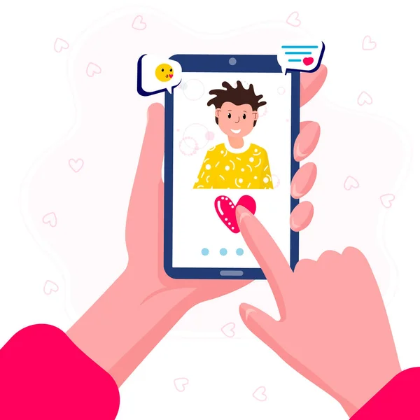 Online flört uygulamaları. Kadın telefonu elinde tutuyor. İnsan profili olan bir ekran. Kadın erkek arkadaşını arıyor. Uzun mesafe kavramı, sanal ilişki. Uzak romantik bir tanıdık..