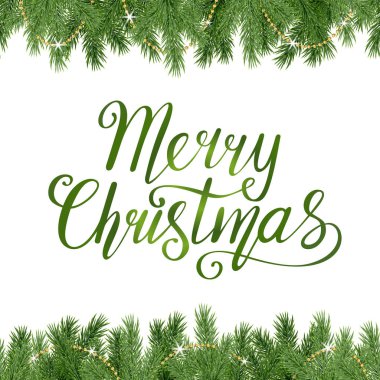 Gerçekçi ladin dalına, dekoratif altın zincir ve el çizimi metne sahip güzel yatay, pürüzsüz çerçeve beyaz arka planda izole Mutlu Noeller; yeşil köknar ağacı dalları ile vektör şablonu