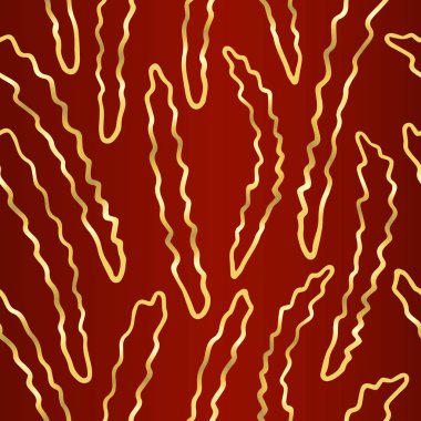 Koyu kırmızı zemin üzerinde el çizimi altın şekilli pürüzsüz basit doku; dekor, kumaş baskısı, hediye paketi, davetiye, pankart, ambalaj kağıdı için kıvrımları olan sonsuz dalgalı desen taşıyıcı