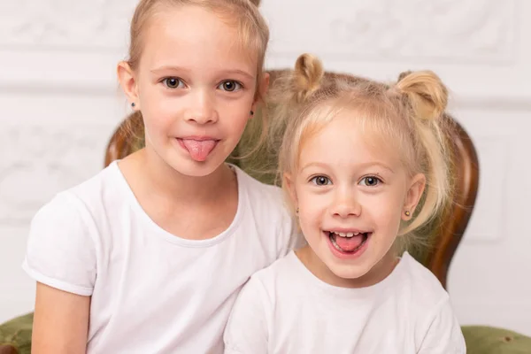 Twee kleine blonde meisjes rotzooien en spelen met elkaar — Stockfoto