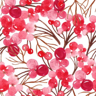 Noel ağacı dalları ve böğürtlenlerle süslenmiş çiçeksiz kış deseni. Suluboya resimleme arkaplanı