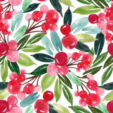 Noel ağacı dalları ve böğürtlenlerle süslenmiş çiçeksiz kış deseni. Suluboya resimleme arkaplanı