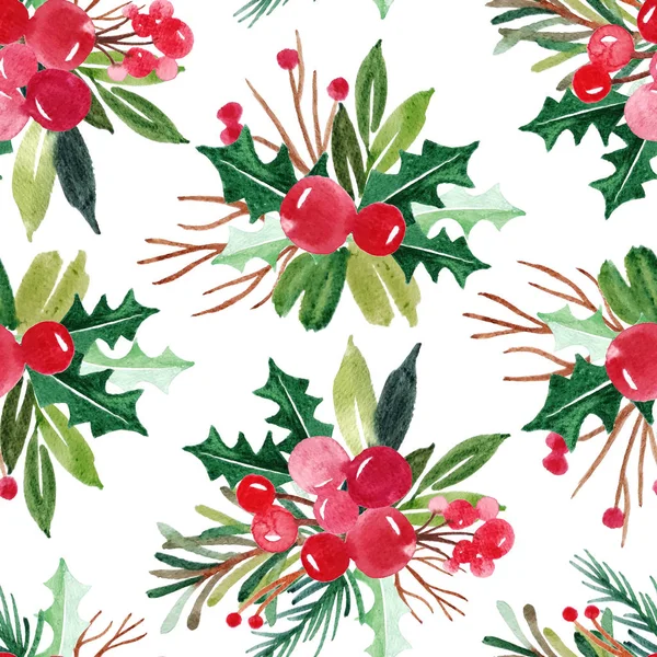 Hand drawn floral winter seamless pattern with christmas tree branches and berries. Watercolor illustration background — Stock Photo, Image
