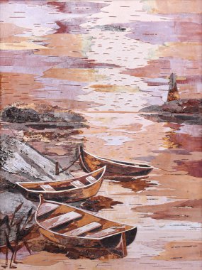 Ağaç kabuğundan bir aplikasyon. Üç tekneli manzara