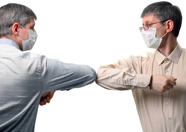 Two People Greet Elbows Bump New Style Greeting Spread Coronavirus — Stock Photo, Image