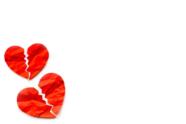 Two Red paper broken hearts on white background. Love concept. Divorce — Stock Photo, Image