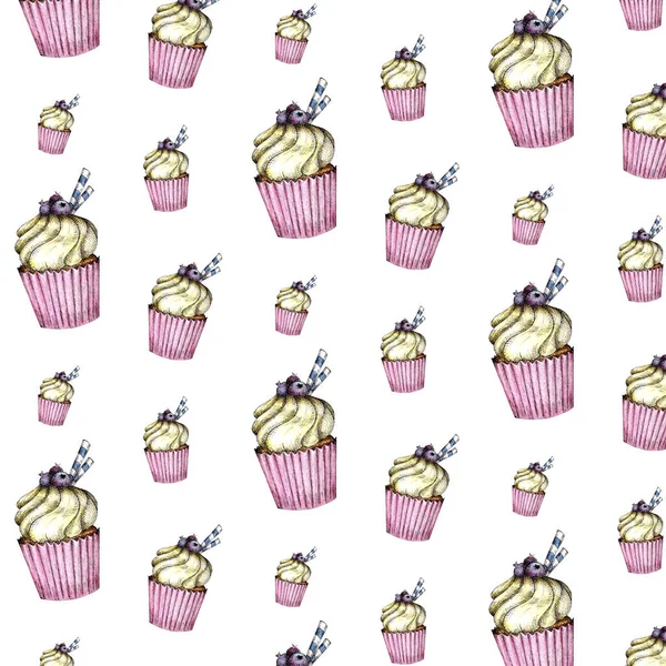 Patrón sin costuras de cupcakes de colores con crema y bayas. Acuarela dibujo a mano aislado en un blanco — Foto de Stock