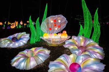 Renkli ipek Çin feneri figürleri Rus ve Çin kültürünün geleneklerini ve Yeni Yıl havasını gözler önüne seriyor.