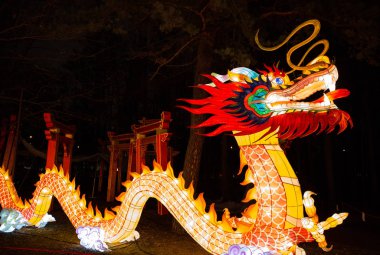 Renkli ipek Çin feneri figürleri Rus ve Çin kültürünün geleneklerini ve Yeni Yıl havasını gözler önüne seriyor.