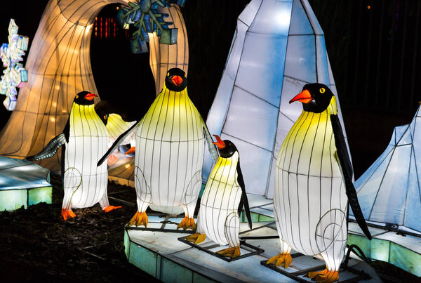 Цветные фигуры шелковых китайских фонарей демонстрируют традиции русской и китайской культуры и новогоднее настроение
