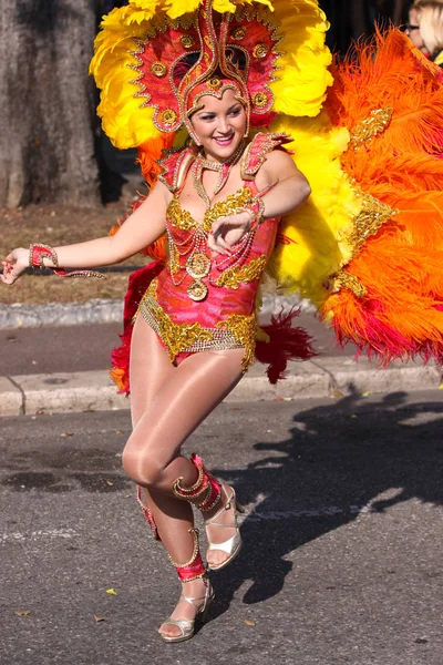 Nizza, Francia - 25 febbraio 2012: Partecipanti alla sfilata di carnevale Battaglia dei Fiori a Nizza, Carnaval de Nice, Roi de Media, sfilate floreali — Foto Stock