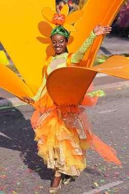 Nice, Fransa - 25 Şubat 2012: Karnaval geçit törenine katılanlar Nice, Karnaval de Nice, Roi de Media, çiçek geçit törenleri