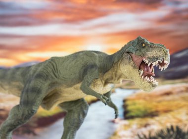 Yürüyen ve arka planda nehir olan tehlikeli tyrannosaurus rex portresi