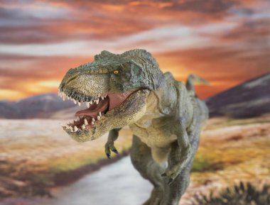 Yürüyen ve arka planda nehir olan tehlikeli tyrannosaurus rex portresi