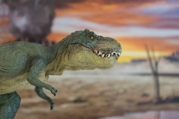 Retrato de caminhada e perigoso tyrannosaurus rex com vulcão em erupção no fundo . — Fotografia de Stock