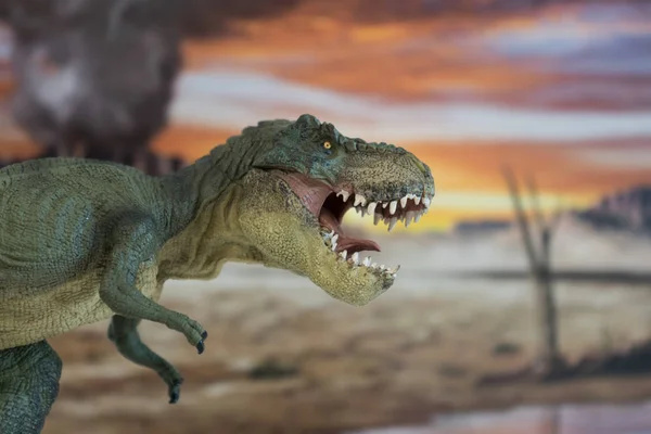 Retrato de caminhada e perigoso tyrannosaurus rex com vulcão em erupção no fundo . — Fotografia de Stock