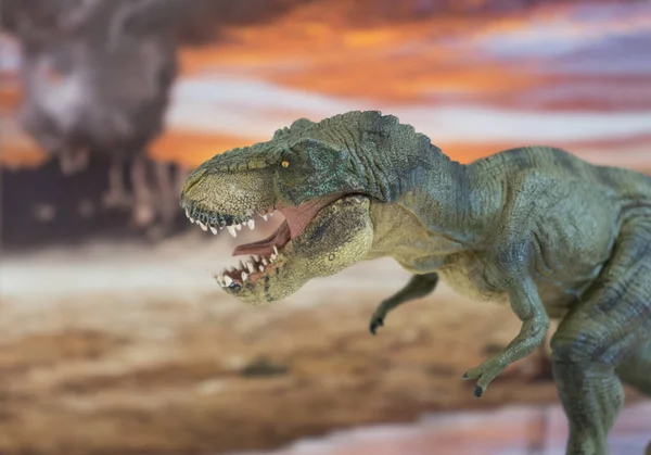 Portrait of walking and dangerous tyrannosaurus rex with erupting volcano in the background. — 스톡 사진