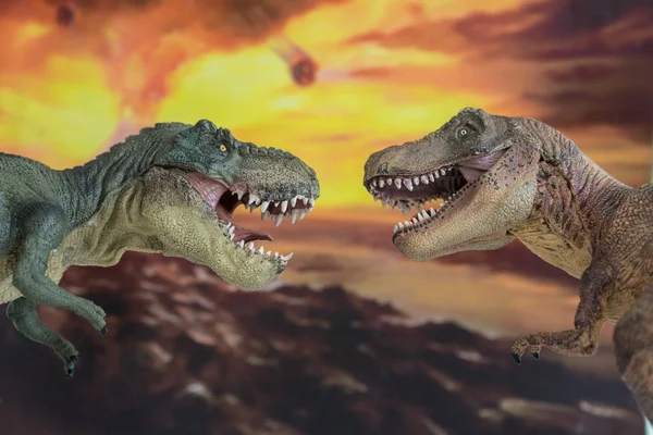 Paar tyrannosaurus rex gevechten op de voorgrond met uitbarstende vulkaan op de achtergrond. — Stockfoto