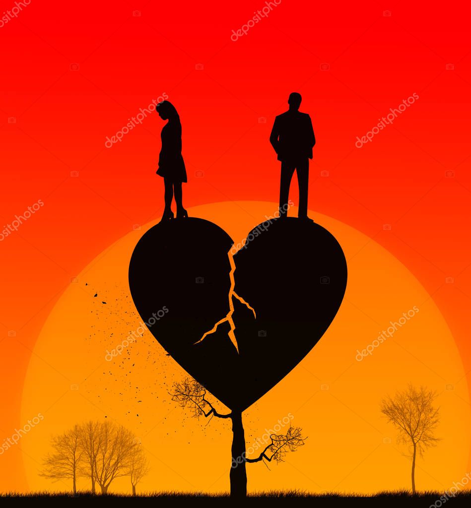 Failed love. Sunset relations. Silhouette of a man and woman in ended relationship on a broken heart shape tree. Broken family concept