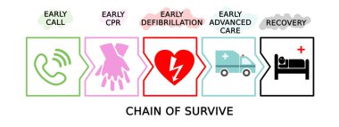 The chain of survival . Blsd protocol to save heart attack people. Early defibrillation concept. Illustration on white background.