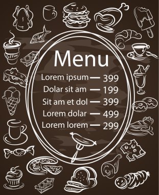 Dekorasyon, yan ile kara tahta üzerinde yazılı sorunsuz yemek menüsü