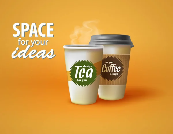 Δύο φλιτζάνια ζεστό καφέ και το τσάι σε κίτρινο φόντο με τη θέση για το κείμενό σας — Διανυσματικό Αρχείο