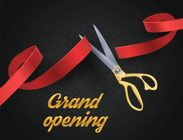 Grand opening illustration with red ribbon and gold scissors isolated on black. — Stock Vector