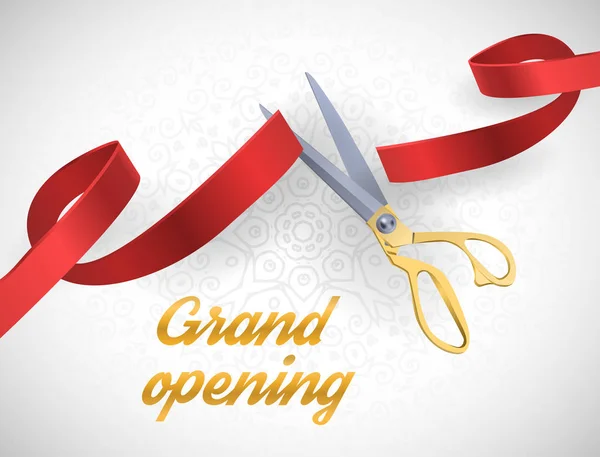 Grand opening illustration with red ribbon and gold scissors isolated on white. — Stock Vector