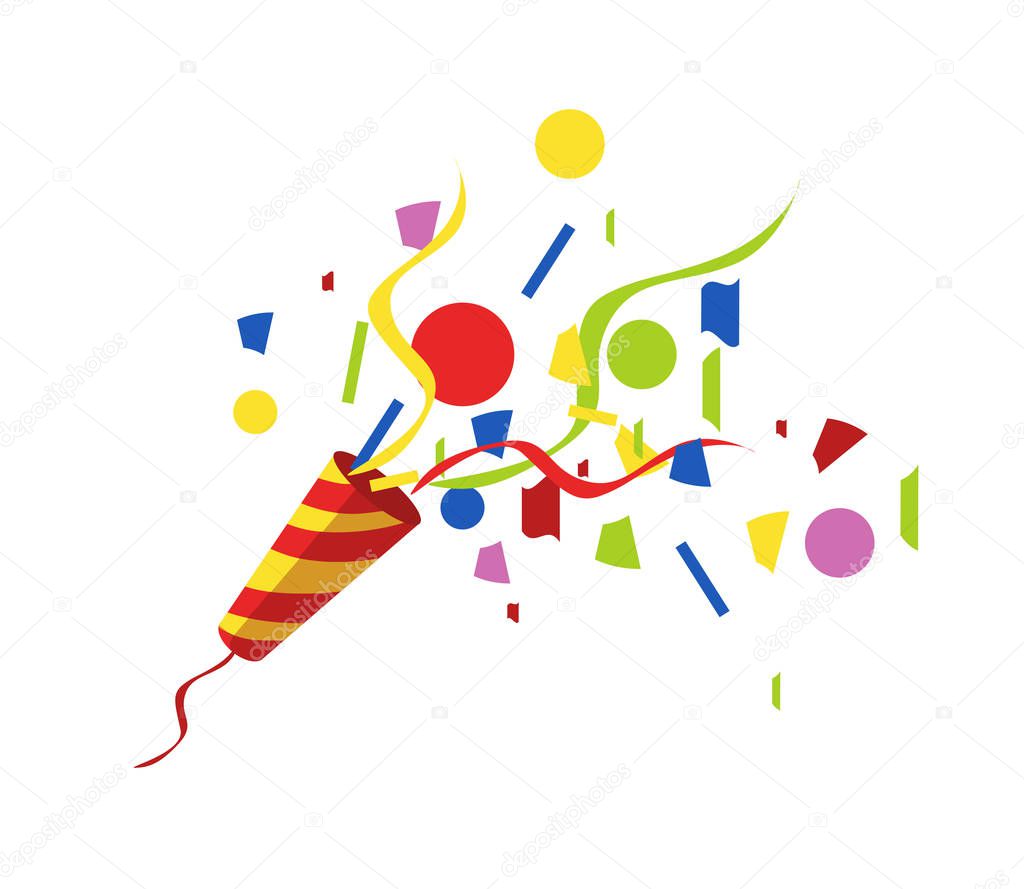 exploding party popper with serpantin and serpantinom on white background . vector