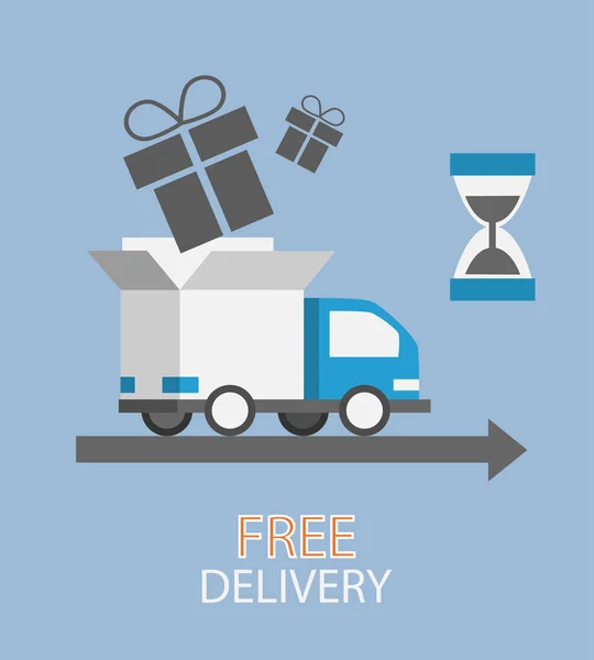 Concept de livraison gratuite dans le style plat - camion avec cadeau — Image vectorielle