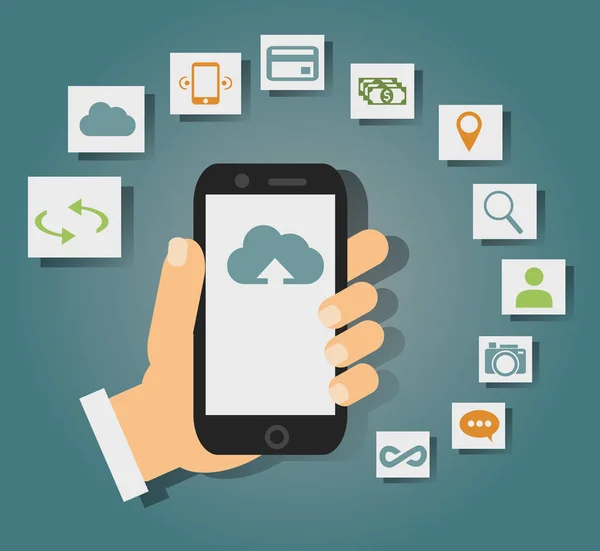 Konzept von Cloud-Diensten auf Mobiltelefonen wie Speicherung, Computing, Suche, Fotoalbum, Datenaustausch. — Stockvektor