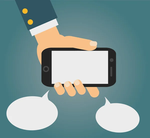 Ilustração vetorial de smartphone na mão humana com duas bolhas de fala — Vetor de Stock