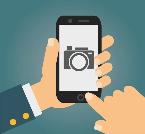 Mozgatható telefon-val touchscreen - ember bevétel fénykép, digitális eszköz — Stock Vector