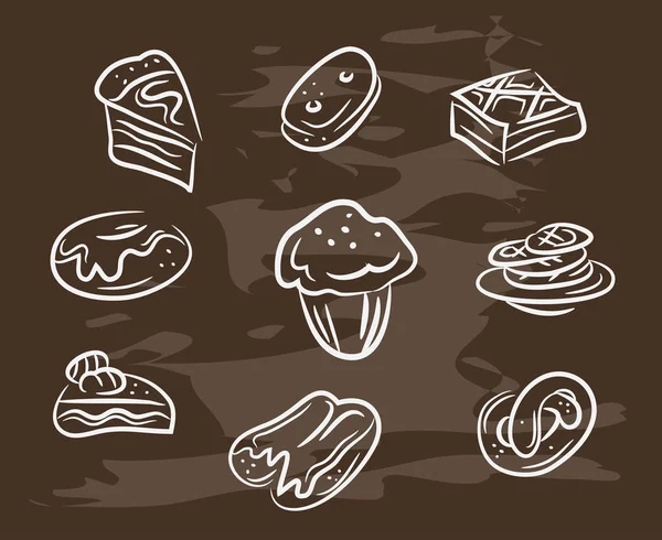Collection vintage de desserts. Esquisses dessinées à la main avec des craies sur le tableau noir. Illustration vectorielle . — Image vectorielle