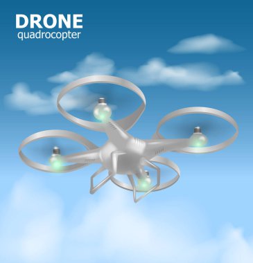 Gökyüzünde uçan ve güvenlik izleme gerçekçi uzaktan hava dron quadrocopter. Isomertic görünümü. Vektör çizim