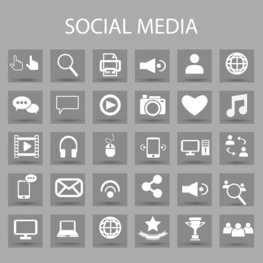 Vektör düz simgeler kümesi ve grafiksel tasarım elemanları. Sosyal medya, dijital teknoloji anahat sembolleri ile illüstrasyon.