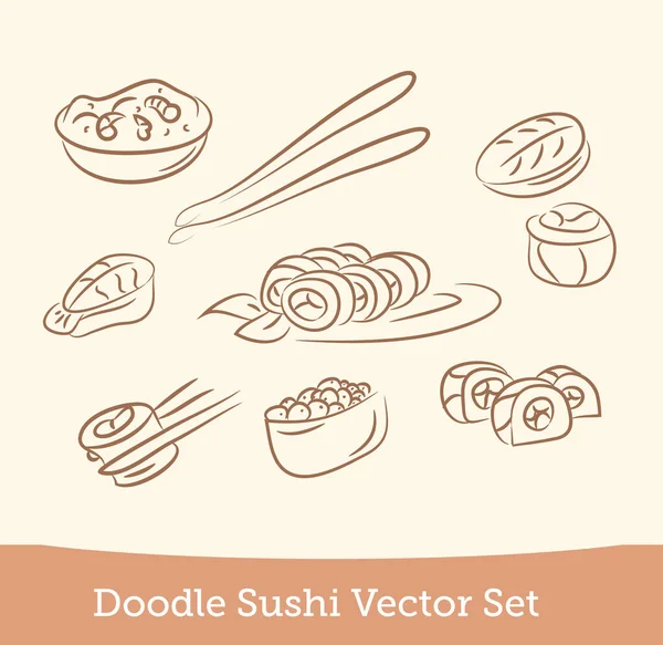 Doodle Sushi Set isoliert auf weißem Hintergrund. Vektor — Stockvektor
